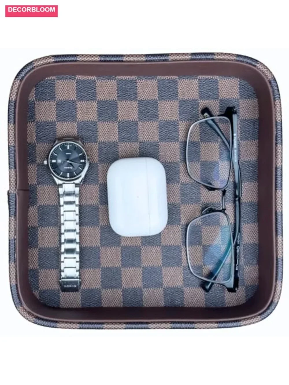 Leather Valet Tray Solid Wood Inside Key Catch All Dish Organizer for Desk